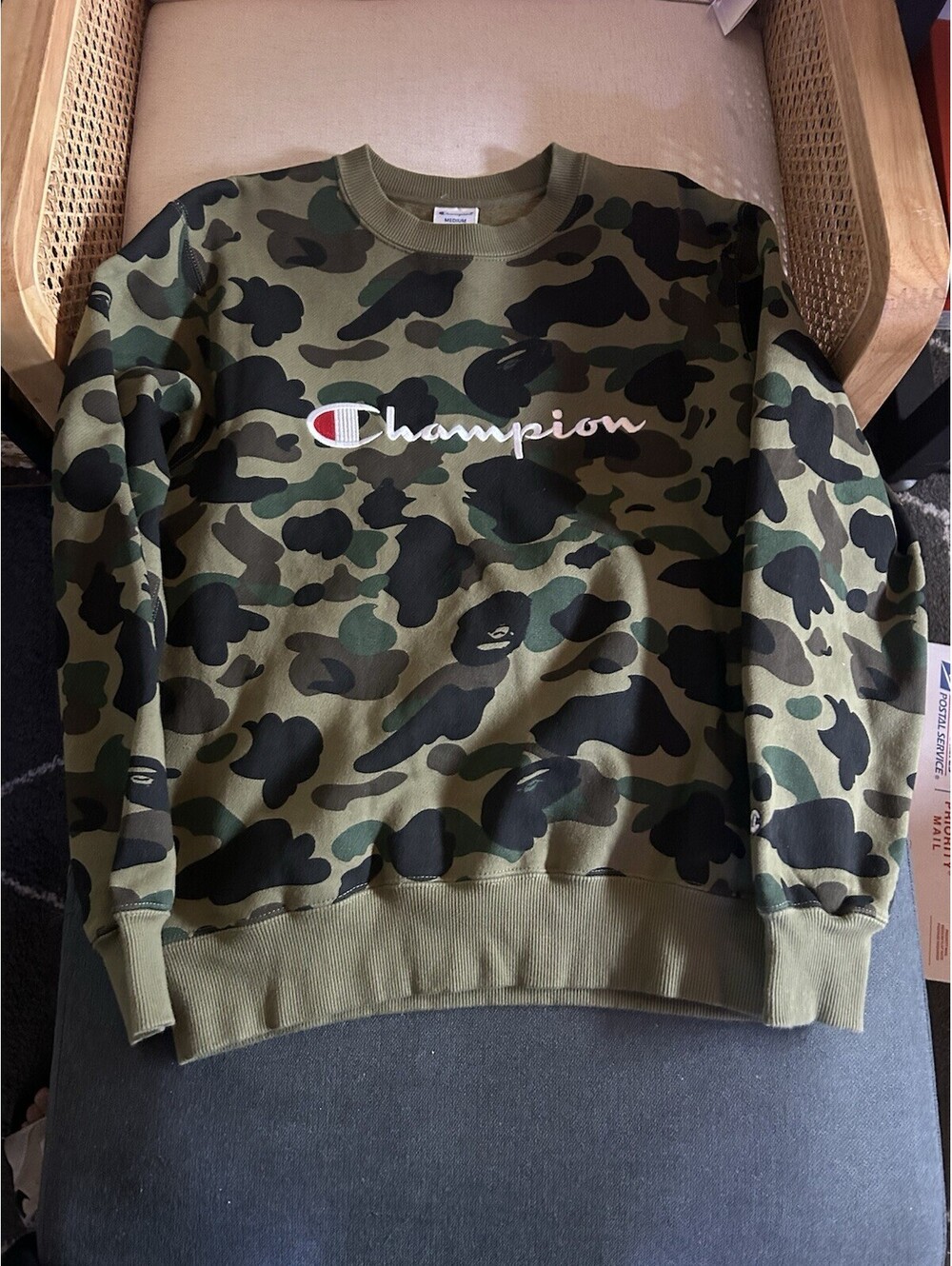 A Bathing Ape BAPE x Champion Camo Crewneck Sweatshirt, Size M